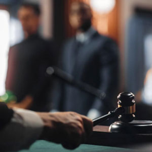 A judge holding a gavel in front of a courtroom, symbolizing authority and the act of making legal decisions.